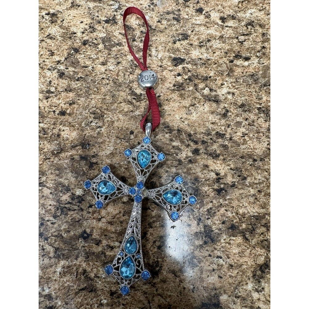 Liz Claiborne 2014 Blue Rhinestone Cross Ornament Silver Tone Filigree